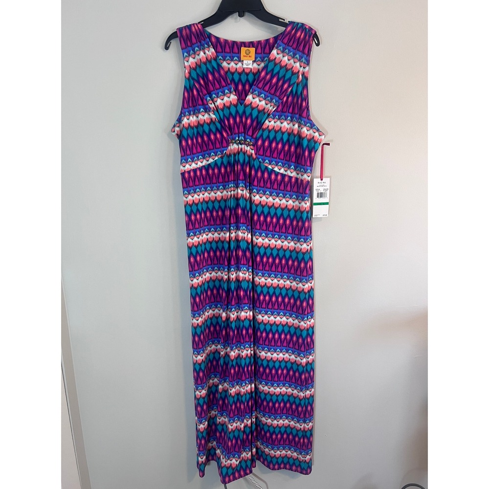 Ruby Rd Batik Chic 2014 Sleeveless Maxi Dress Magenta Turquoise Ikat Size L NWT